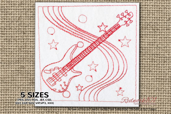 Bass Guitar Redwork: A Bold Embroidery Design