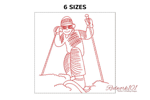 Man Skiing on the Hill of Snow Redwork